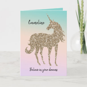 Gold Glitter Unicorn Aqua Peach Pink Ombre Tie Dye Card