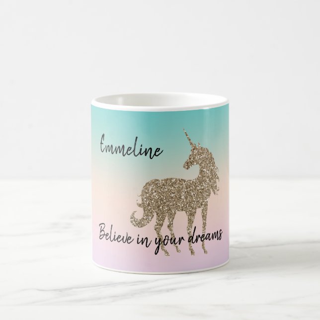 Gold Glitter Unicorn Aqua Peach Pink Ombre Tie Dye Coffee Mug (Center)