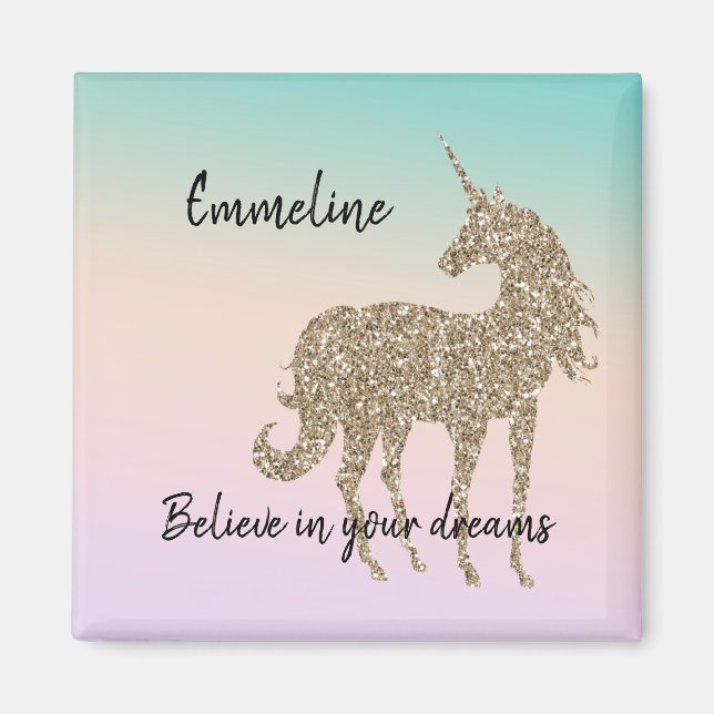 Gold Glitter Unicorn Aqua Peach Pink Ombre Tie Dye Magnet (Front)