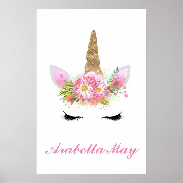Gold Glitter Unicorn Bedroom Girls Name Art Print (Front)