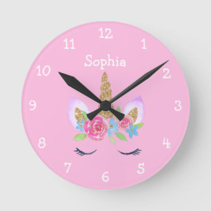 Gold Glitter Unicorn Cute Personalised Girl Name Round Clock