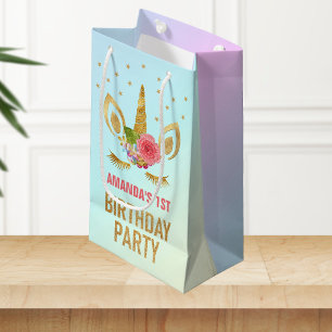 Gold Glitter Unicorn Face Birthday Party Favour Small Gift Bag