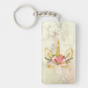 Gold Glitter Unicorn Face, Bokeh Key Ring