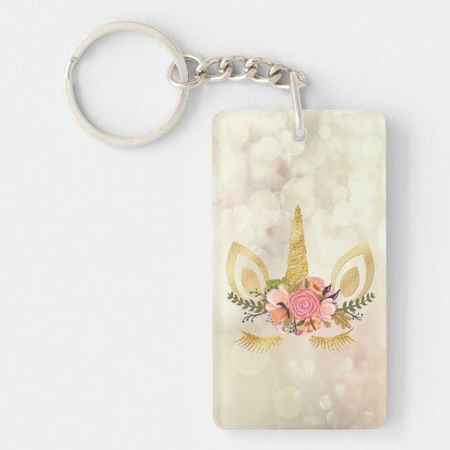 Gold Glitter Unicorn Face, Bokeh Key Ring (Front)