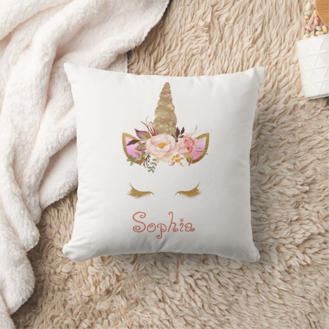 Gold Glitter Unicorn Face Kid's name Throw Pillow (Blanket)