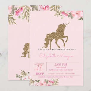 Gold Glitter Unicorn  Floral Baby Shower Invitation