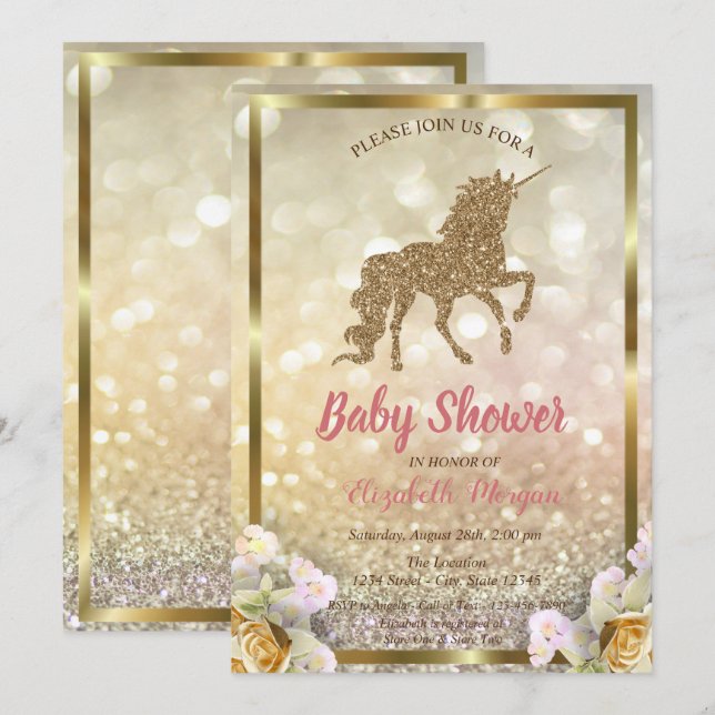 Gold Glitter Unicorn Floral Bokeh Baby Shower Invitation (Front/Back)