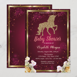 Gold Glitter Unicorn Floral Burgundy Baby Shower Invitation