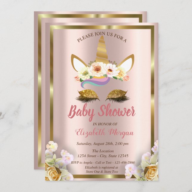Gold Glitter Unicorn Floral Crown Baby Shower Invi Invitation (Front/Back)
