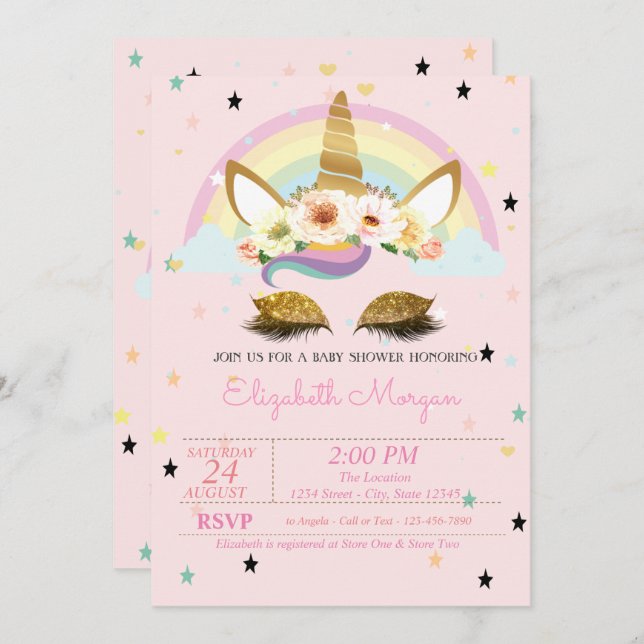Gold Glitter Unicorn Floral Rainbow Baby Shower Invitation (Front/Back)