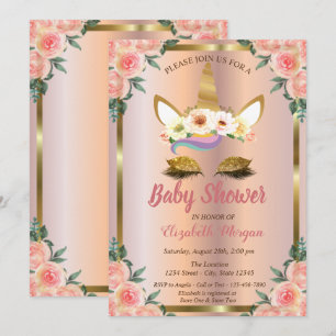 Gold Glitter Unicorn Floral Rose Gold Baby Shower Invitation