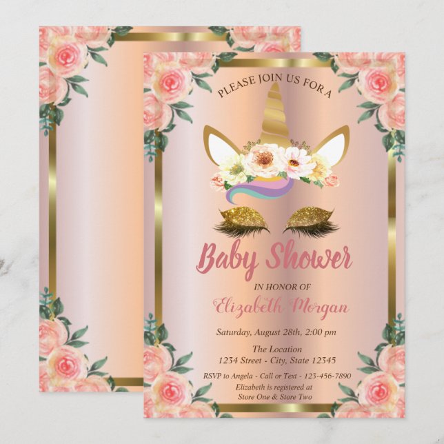 Gold Glitter Unicorn Floral Rose Gold Baby Shower Invitation (Front/Back)