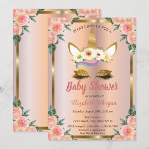 Gold Glitter Unicorn Floral Rose Gold Baby Shower Invitation