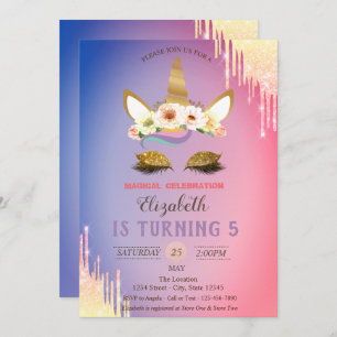 Gold Glitter Unicorn Flowers,Ombre Drips Birthday Invitation