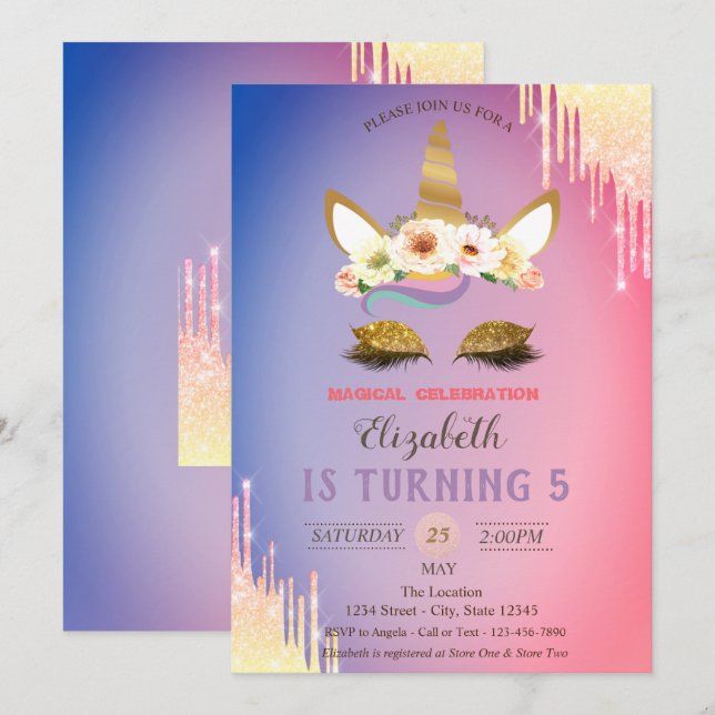 Gold Glitter Unicorn Flowers,Ombre Drips Birthday  Invitation (Front/Back)
