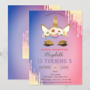 Gold Glitter Unicorn Flowers,Ombre Drips Birthday  Invitation