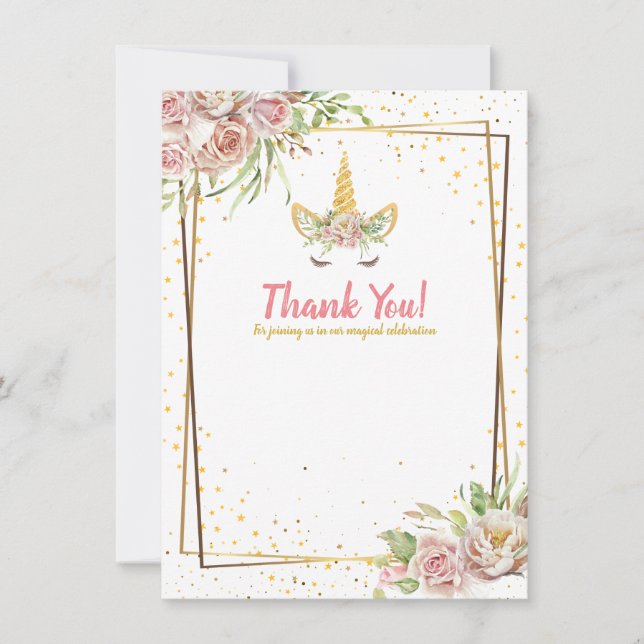 Gold Glitter | Unicorn Horn Baby Shower Birthday Thank You Card (Front)