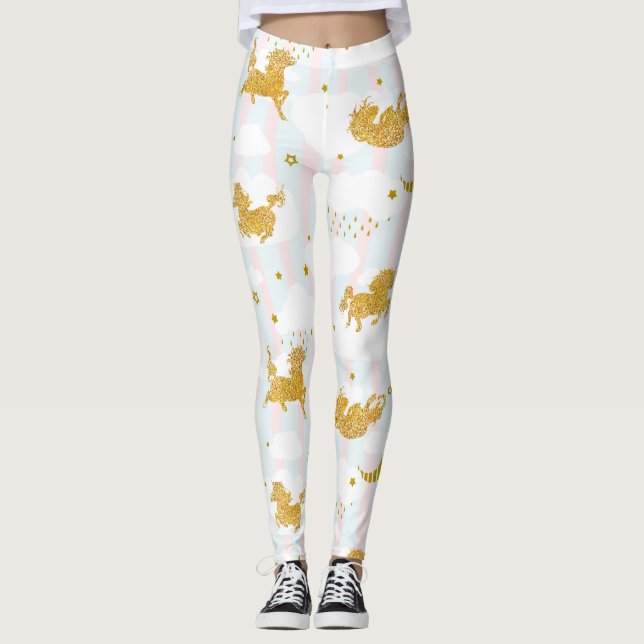 Gold Glitter Unicorn Pattern Girly Yoga Running Leggings (Front)