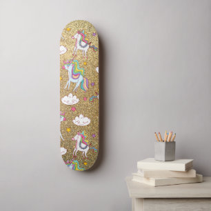 Gold glitter unicorn pattern skateboard