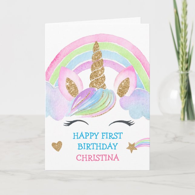 Gold Glitter Unicorn Personalised Girl Birthday Card (Front)