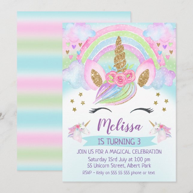 Gold Glitter Unicorn Rainbow Birthday Invitation (Front/Back)