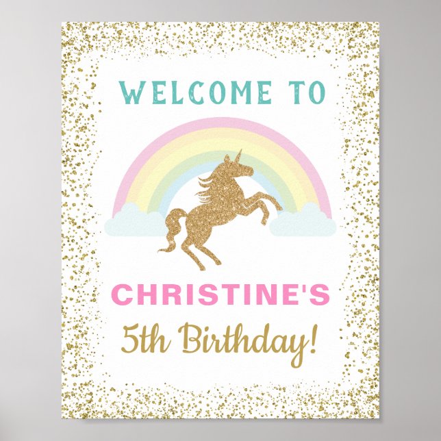 Gold Glitter Unicorn Rainbow Birthday Welcome Sign (Front)