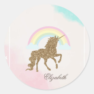 Gold Glitter Unicorn, Rainbow Classic Round Sticker