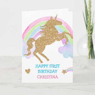Gold Glitter Unicorn Rainbow Girl Birthday Card