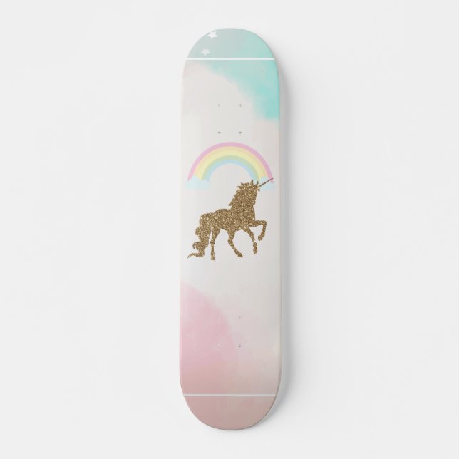 Gold Glitter Unicorn, Rainbow Skateboard (Front)