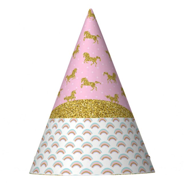Gold Glitter Unicorn Rainbows Party Hat (Front)