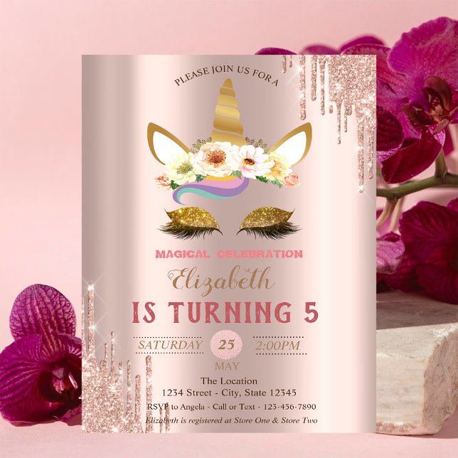 Gold Glitter Unicorn,Rose Gold Drips Birthday Invitation (Creator Uploaded)