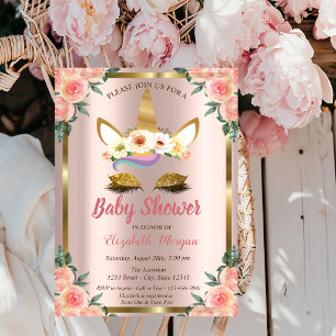 Gold Glitter Unicorn Roses Crown Baby Shower Invit Invitation