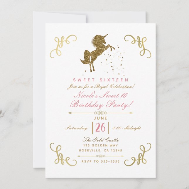 Gold Glitter Unicorn Stars Storybook Corners Party Invitation (Front)