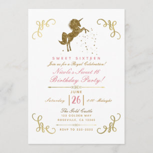 Gold Glitter Unicorn Stars Storybook Corners Party Invitation