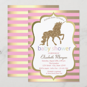 Gold Glitter Unicorn,Stripe Baby Shower Invitation