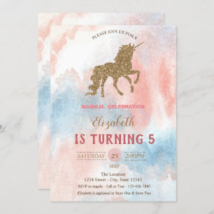 Gold Glitter Unicorn, Watercolor Invitation