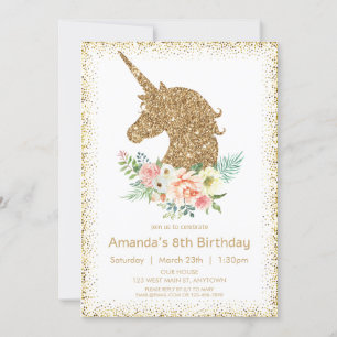 Gold Glitter unicorn with florals girl birthday  Invitation