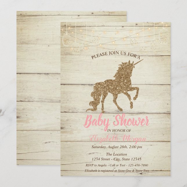 Gold Glitter Unicorn Wood Texture Baby Shower Invitation (Front/Back)