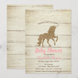 Gold Glitter Unicorn Wood Texture Baby Shower Invitation