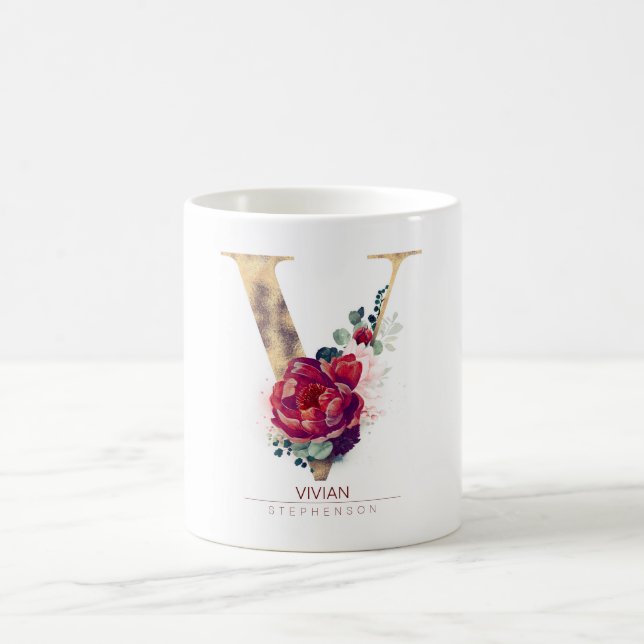 Gold Glitter V Monogram Floral Burgundy Red Coffee Mug (Center)