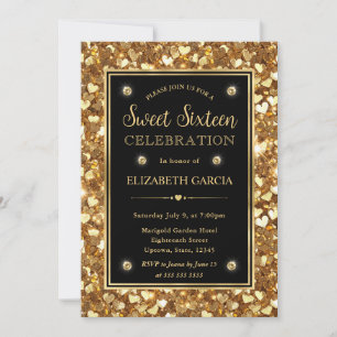 Gold Glitter Valentine Hearts Sweet Sixteen Invitation