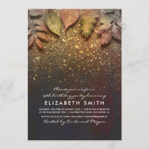 Gold Glitter Vintage Fall Leaves Birthday Party Invitation