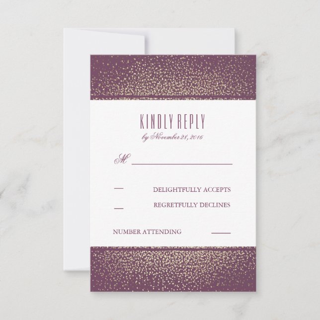 Gold Glitter Vintage Plum Wedding RSVP Cards (Front)