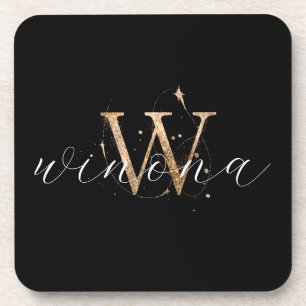 Gold Glitter W Initial Script Name Modern Elegant Coaster