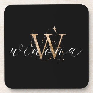 Gold Glitter W Initial Script Name Modern Elegant Coaster