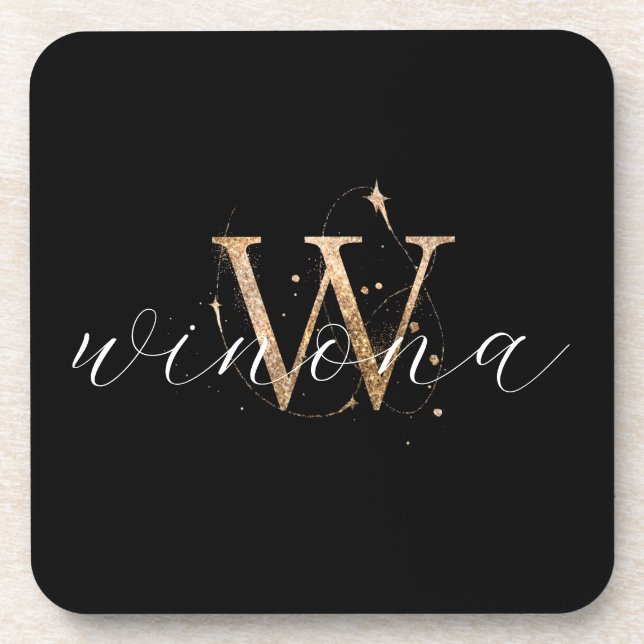 Gold Glitter W Initial Script Name Modern Elegant Coaster (Front)