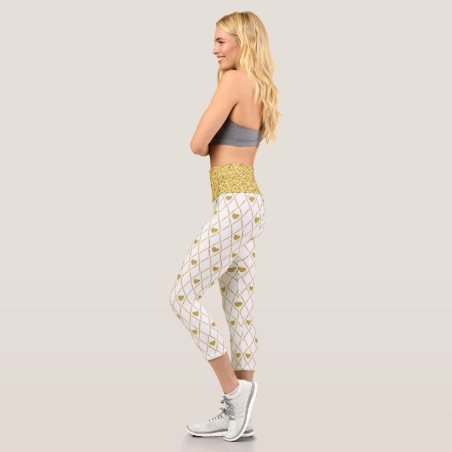 Gold Glitter Waist Band Gold Hearts Capri Leggings (Left)