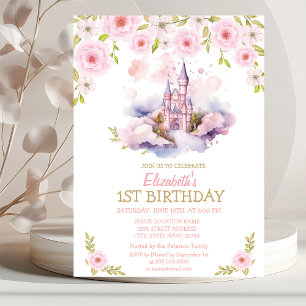 Gold Glitter, Watercolor Castle,Floral Birthday  Invitation
