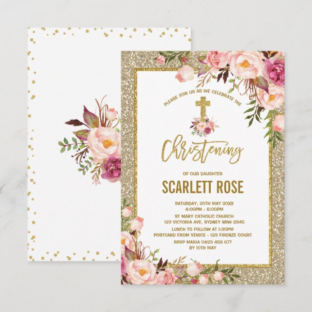 Gold Glitter Watercolor Floral Girl Christening Invitation (Front/Back)