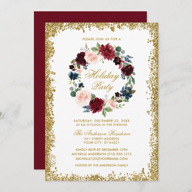 Gold Glitter Watercolor Floral Holiday Party Invitation (Front/Back)